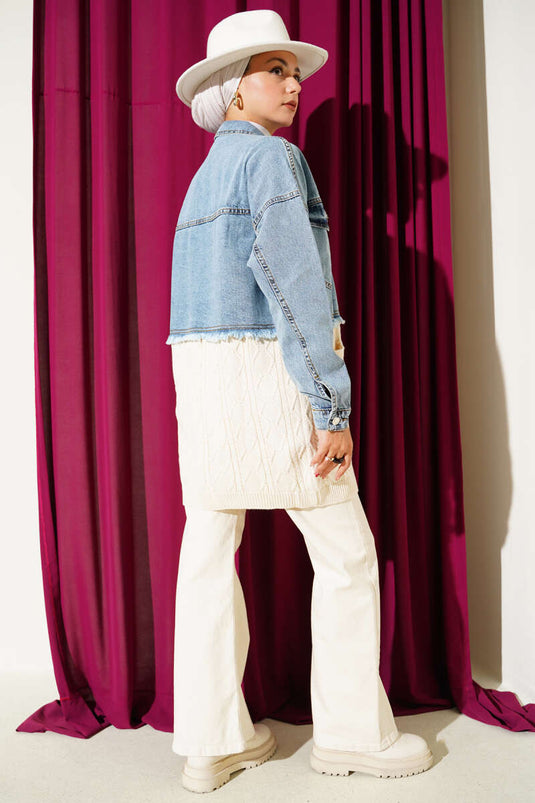 Garnished Denim Knit Cardigan Denim Blue