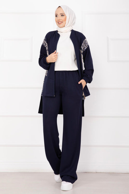 Garnished Front Zippered Two Piece Suit Navy Blue