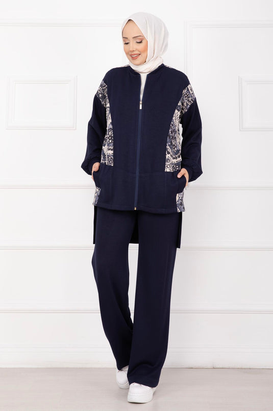 Garnished Front Zippered Two Piece Suit Navy Blue