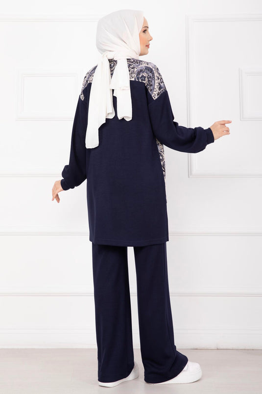 Garnished Front Zippered Two Piece Suit Navy Blue