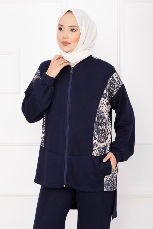 Garnished Front Zippered Two Piece Suit Navy Blue