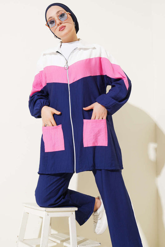 Garnished Front Zippered Two Piece Suit Navy Blue