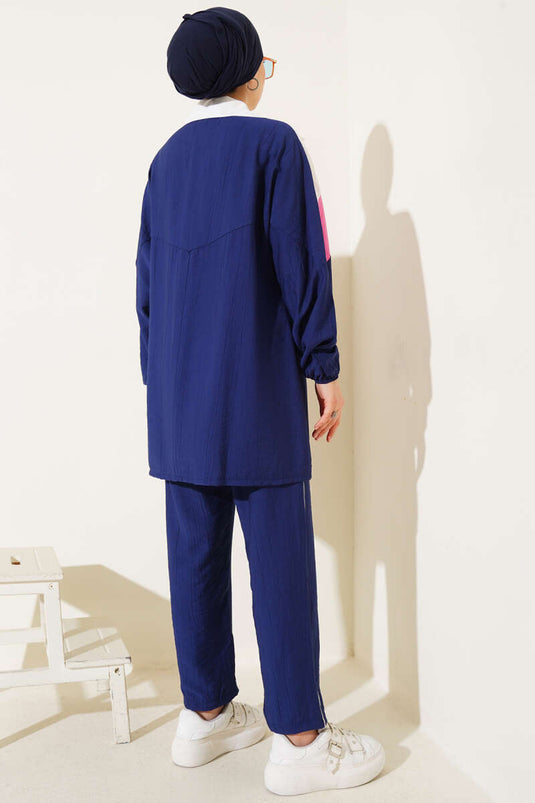 Garnished Front Zippered Two Piece Suit Navy Blue