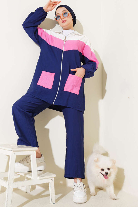 Garnished Front Zippered Two Piece Suit Navy Blue