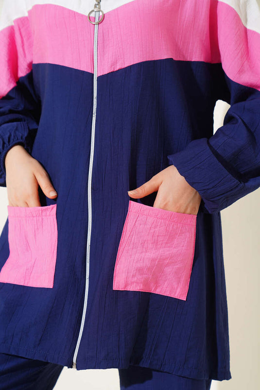 Garnished Front Zippered Two Piece Suit Navy Blue