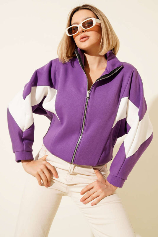 كارديجان قصير فضفاض مزين بثلاثة خيوط باللون البنفسجي