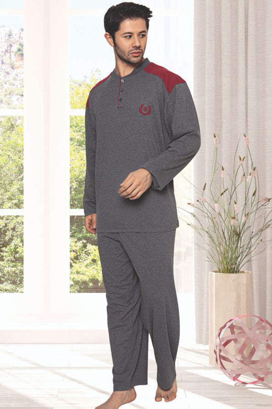 Garnili Uzun Kol Büyük Beden Pijama Takım Füme