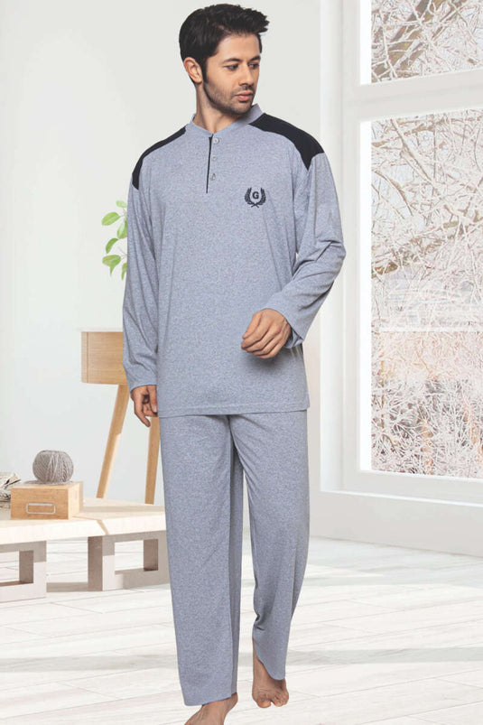 Garnili Uzun Kol Büyük Beden Pijama Takım Gri