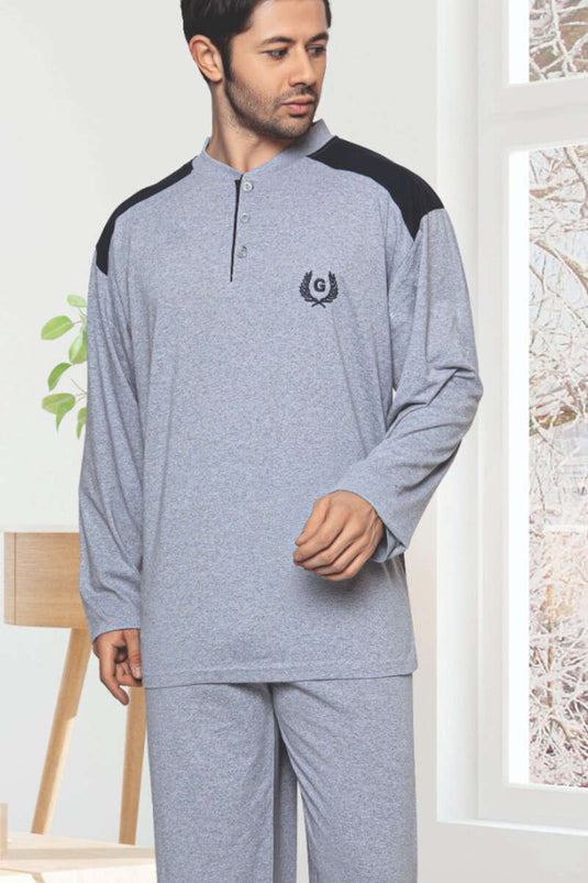 Garnili Uzun Kol Büyük Beden Pijama Takım Gri