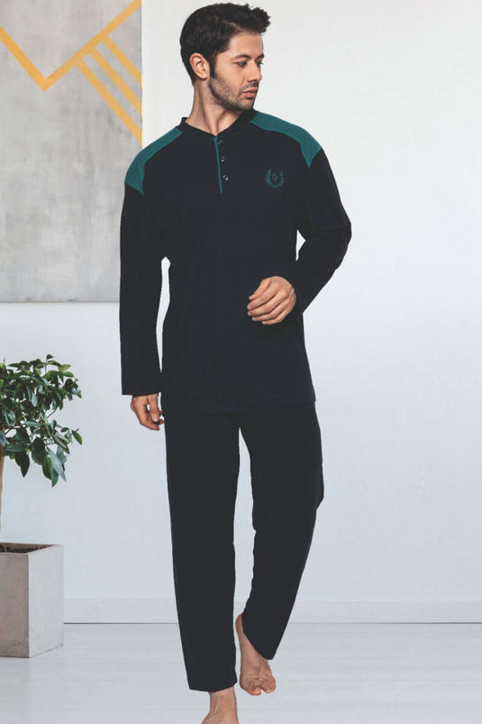 Garnili Uzun Kol Büyük Beden Pijama Takım Lacivert Yeşil