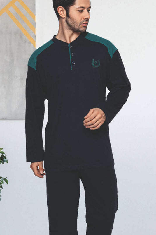 Garnili Uzun Kol Büyük Beden Pijama Takım Lacivert Yeşil