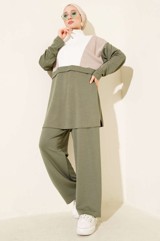 Two-Piece Set with Trim and Half-Zip Detail, Light Green