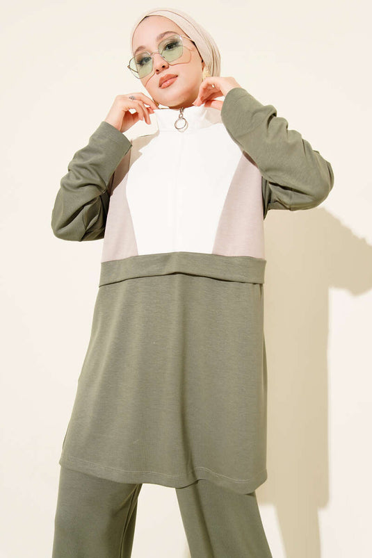 Zweiteiliges Set mit halbem Reißverschluss und Zierborte, Hellgrün