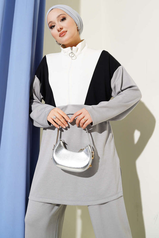 Zweiteiliges Set mit Zierborte und halbem Reißverschluss, Grau