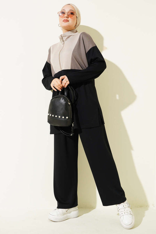 Two-Piece Set with Trim and Half-Zip Detail, Black