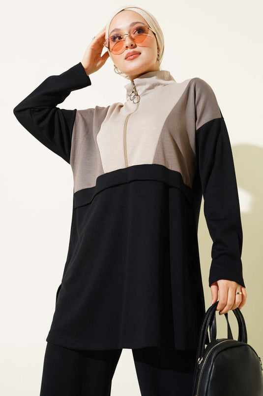 Zweiteiliges Set mit Zierborte und halbem Reißverschluss, Schwarz