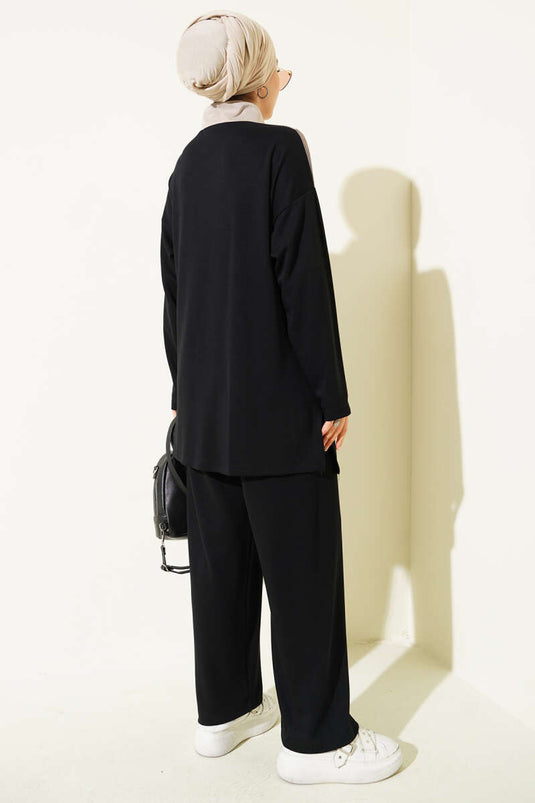 Zweiteiliges Set mit Zierborte und halbem Reißverschluss, Schwarz