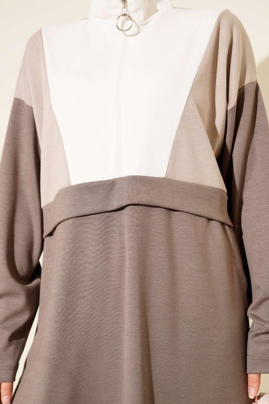 Garnili Yarım Fermuar Detaylı İkili Takım Vizon