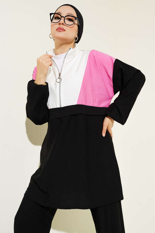 Zweiteiliges Set mit Zierborte und halbem Reißverschluss, rosa.