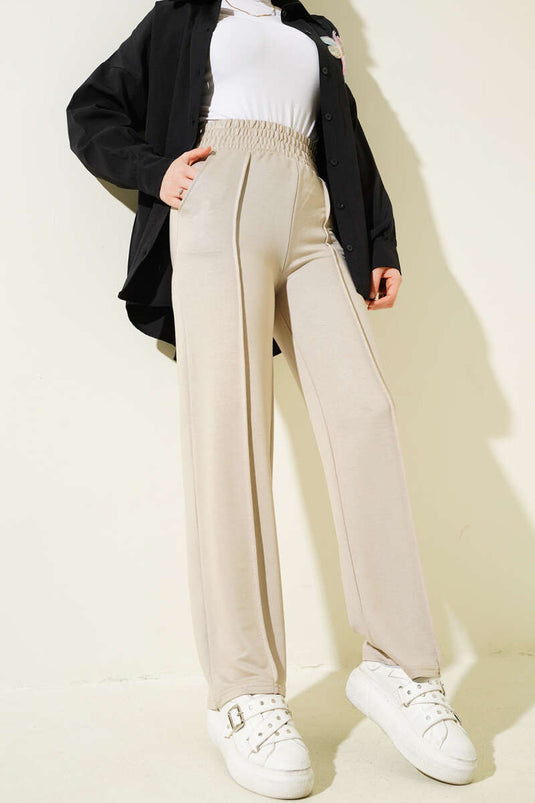 Geniş Bel Lastikli Çımalı Pantolon Bej
