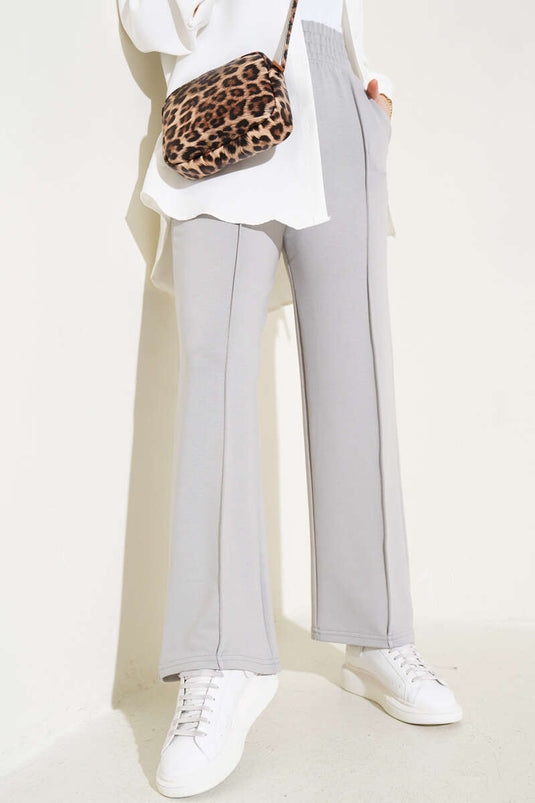 Geniş Bel Lastikli Çımalı Pantolon Gri