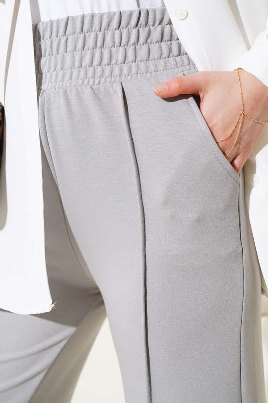 Geniş Bel Lastikli Çımalı Pantolon Gri