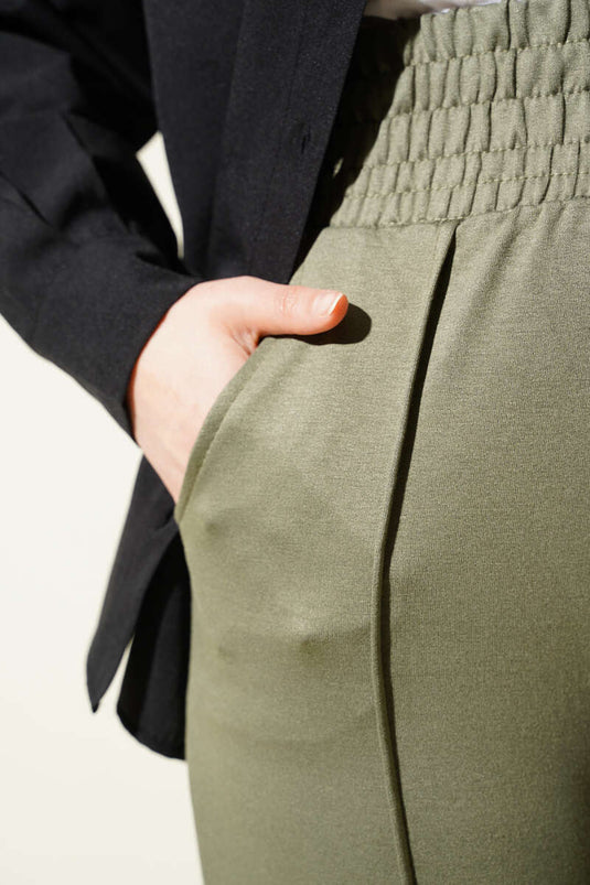 Wide Waist Elasticated Pullover Trousers Khaki