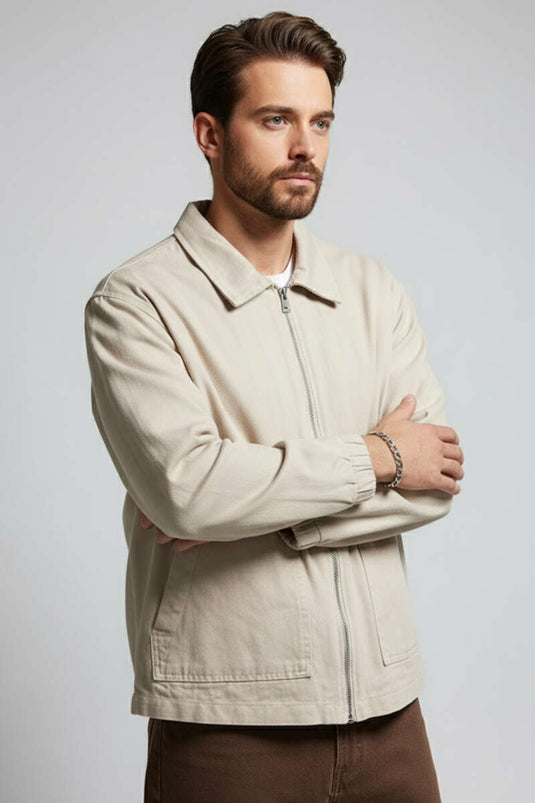 Veste homme avec grandes poches et fermeture éclair, couleur pierre