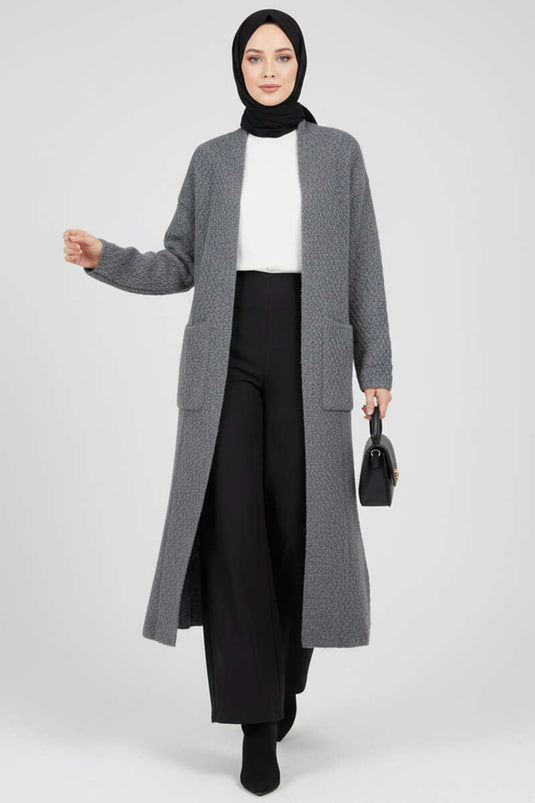 Cardigan long en maille à grandes poches, couleur fumée