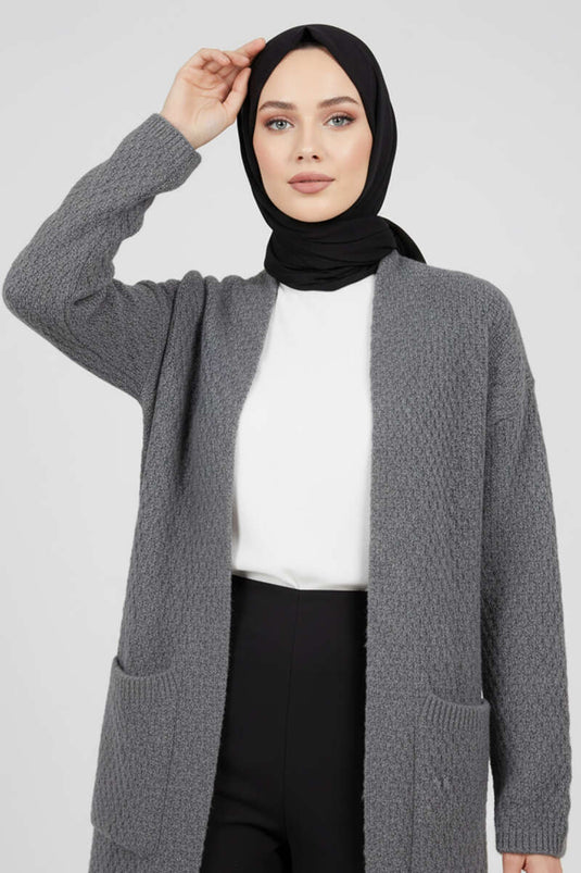 Cardigan long en maille à grandes poches, couleur fumée