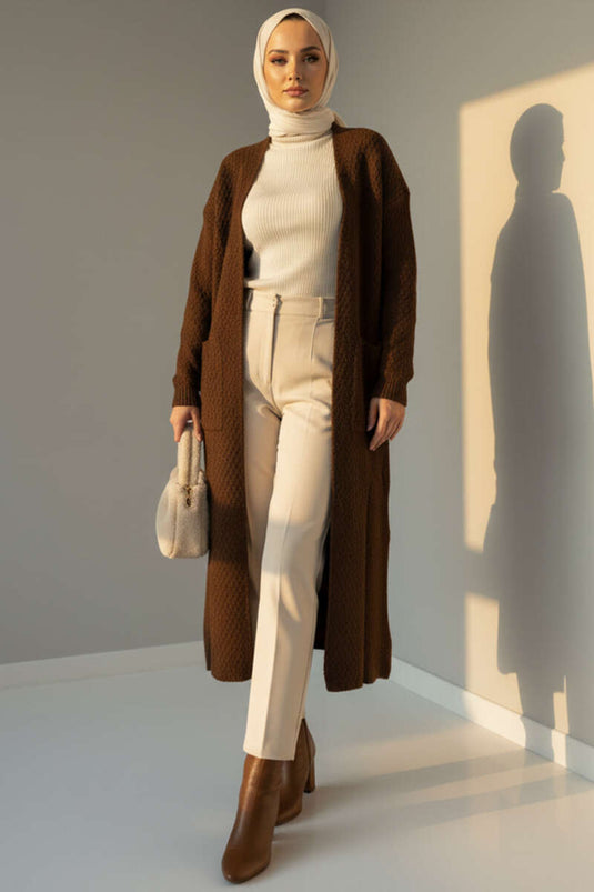 Cardigan long en maille à grandes poches, marron