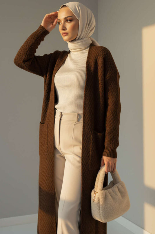 Cardigan long en maille à grandes poches, marron