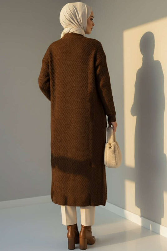 Cardigan long en maille à grandes poches, marron