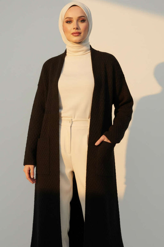 Cardigan long en maille avec grandes poches, noir