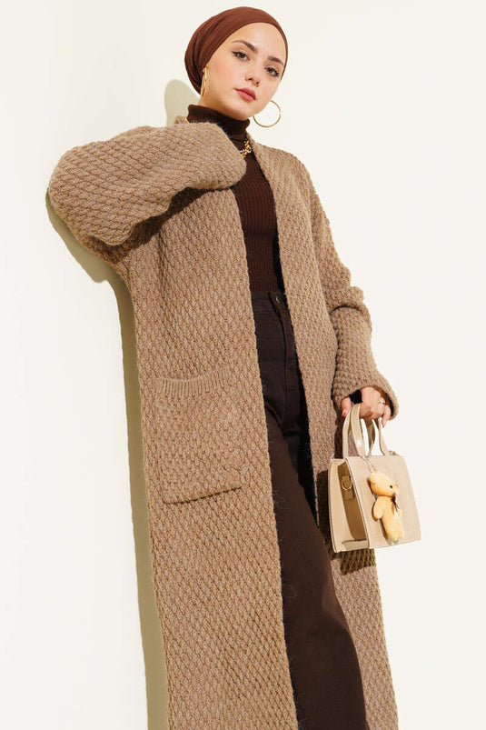 Long Knitted Cardigan with Wide Pockets, Mink Color