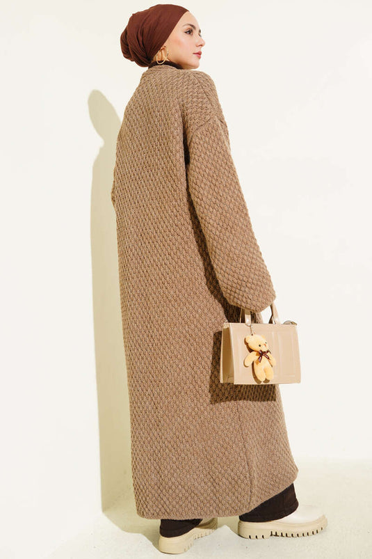 Long Knitted Cardigan with Wide Pockets, Mink Color