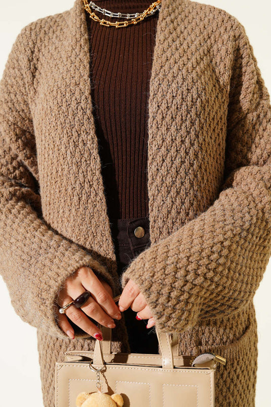 Long Knitted Cardigan with Wide Pockets, Mink Color