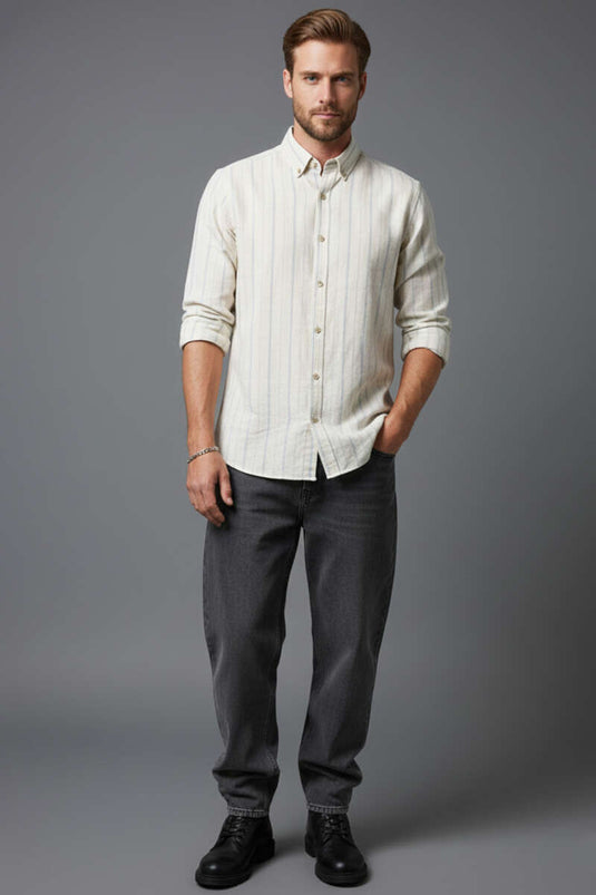Geniş Çizgili Erkek Keten Gömlek Gri