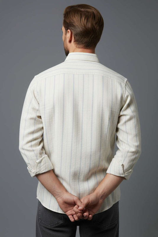 Geniş Çizgili Erkek Keten Gömlek Gri