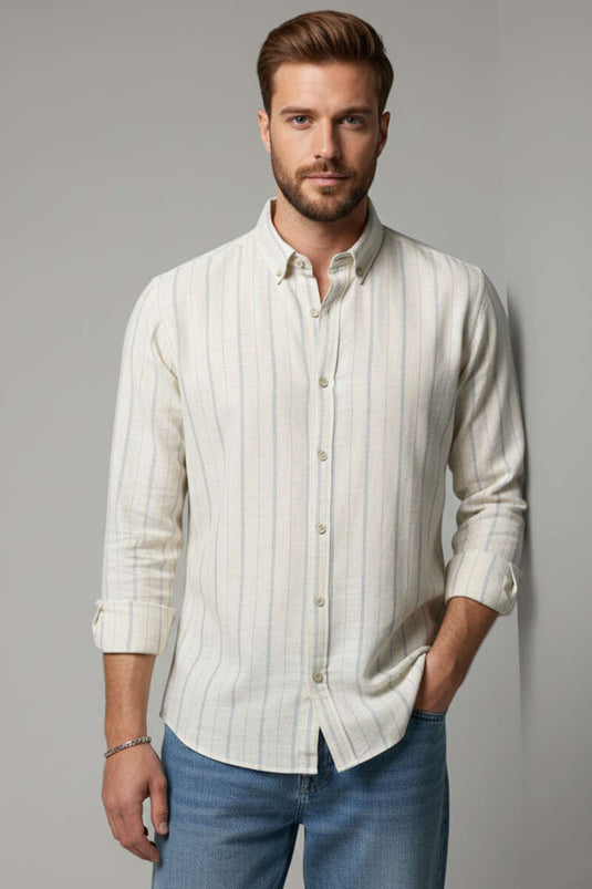 Geniş Çizgili Erkek Keten Gömlek Yeşil