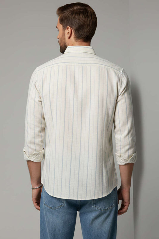 Geniş Çizgili Erkek Keten Gömlek Yeşil