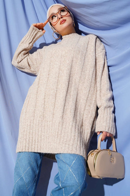 Tunique en tricot à larges côtes douce beige