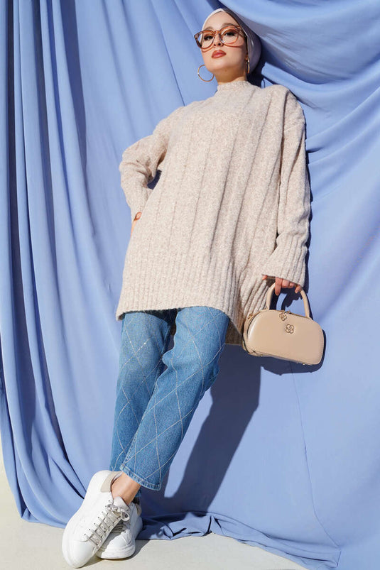 Geniş Fitilli Triko Yumoş Tunik Bej