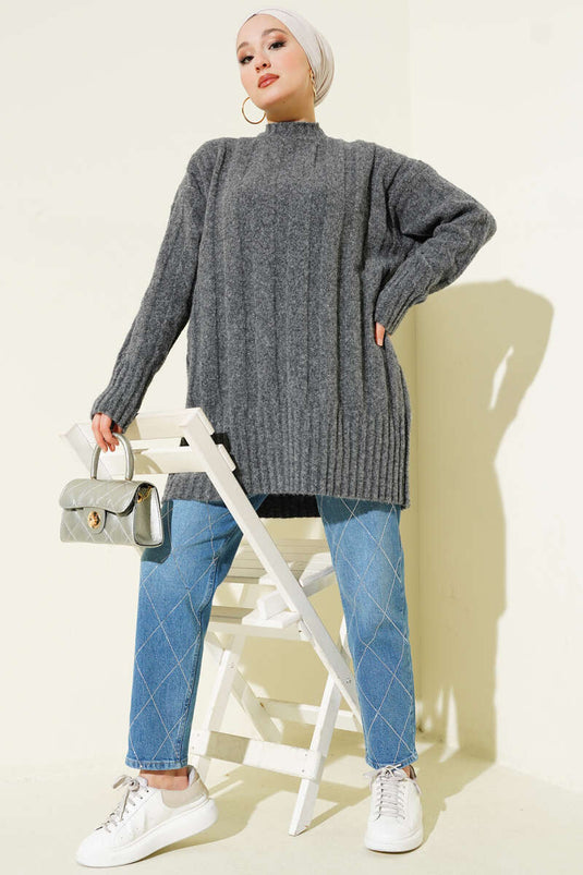 Geniş Fitilli Triko Yumoş Tunik Füme