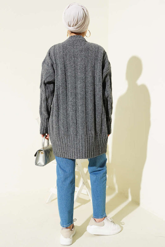 Geniş Fitilli Triko Yumoş Tunik Füme