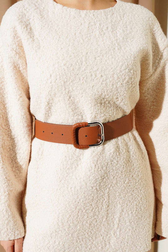 Wide Belted Bouclé Tunic Beige