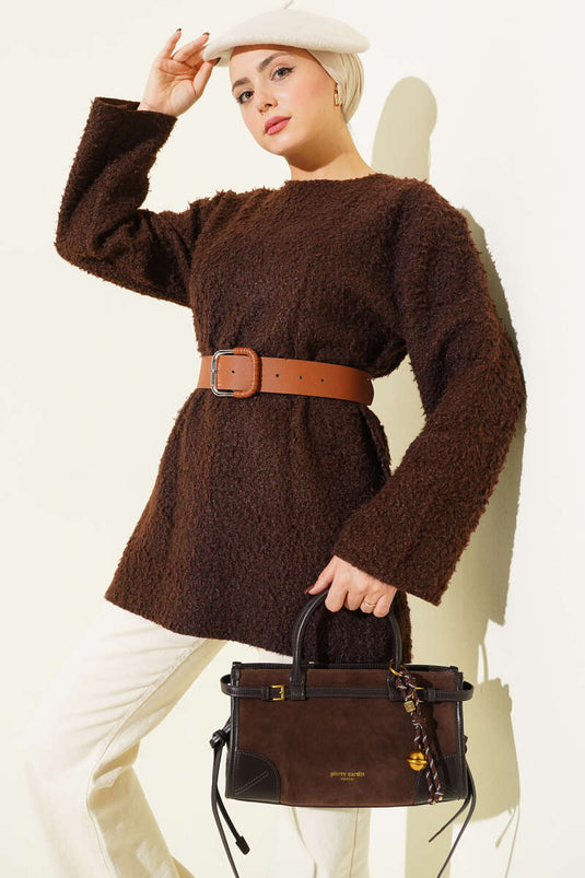 Tunic with Wide Belt in Bouclé Fabric Brown