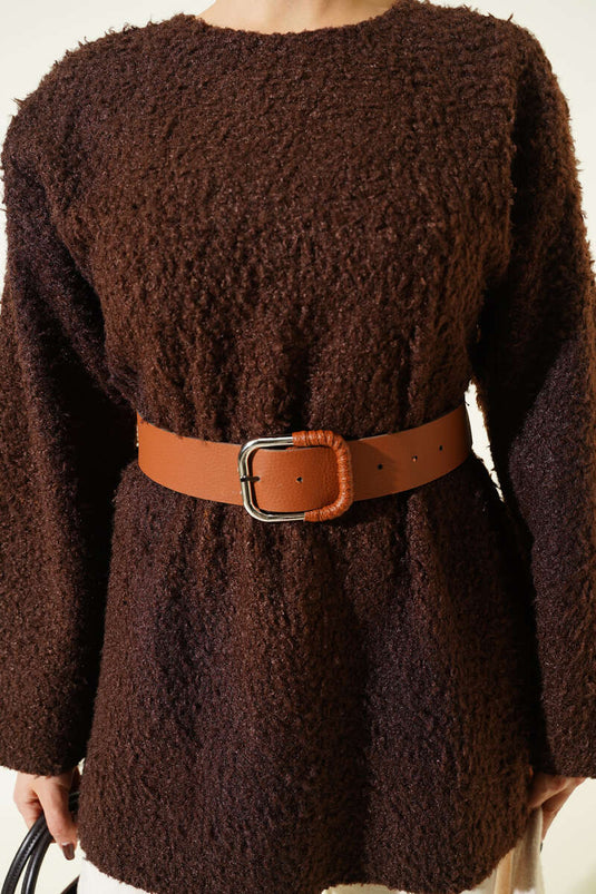 Tunic with Wide Belt in Bouclé Fabric Brown