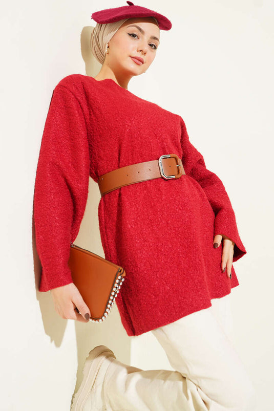 Tunic with Wide Belt in Bouclé Red