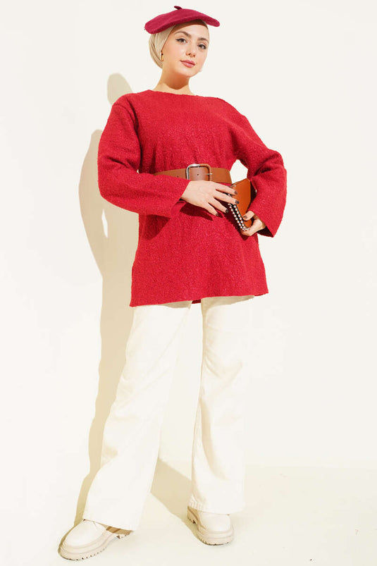 تونيك من قماش بوكليه بحزام عريض أحمر